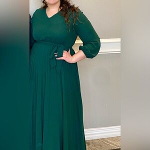 Modest Forest Green Long Sleeve Pleated Maxi Dress - Bridesmaid, wedding, spring